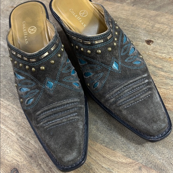 Cole haan 7.5 Brown Suede western  Mules with Teal Accents - Picture 1 of 16